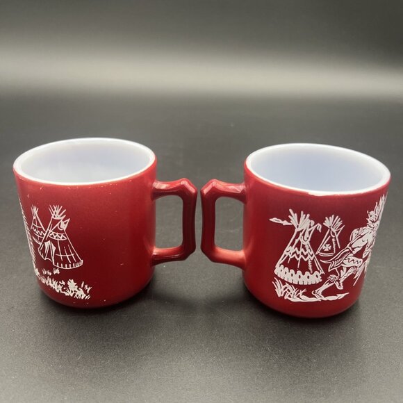 VTG Pair Of Hazel Atlas Western Childs Dark Red Milk Glass Mugs Native American - Picture 7 of 14